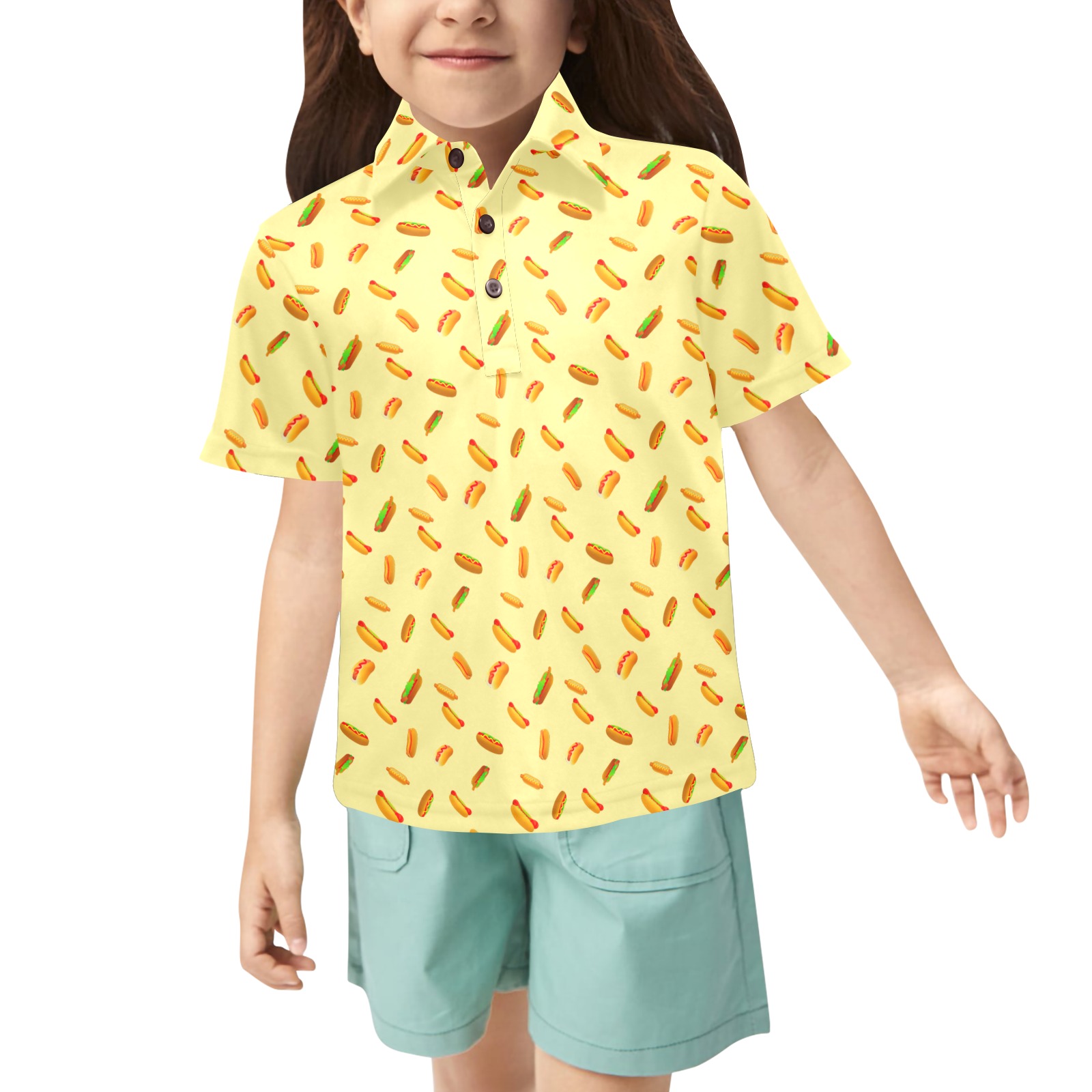 Hot Dog Pattern on Yellow Little Girls' All Over Print Polo Shirt (Model T55)