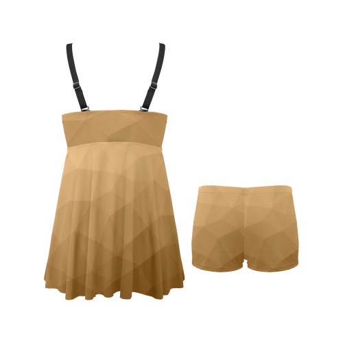 Brown gradient geometric mesh pattern Chest Pleat Swim Dress (Model S31)