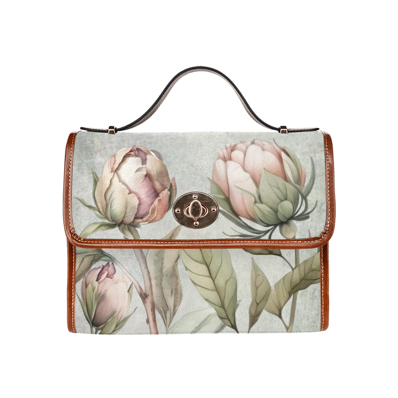 Pink Peonies Ladies Satchel Handbag Waterproof Canvas Bag-Brown (All Over Print) (Model 1641)
