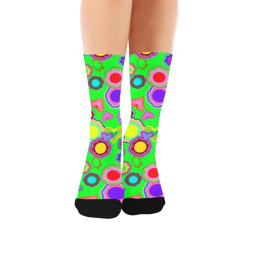 Groovy Hearts and Flowers Green Custom Socks for Women