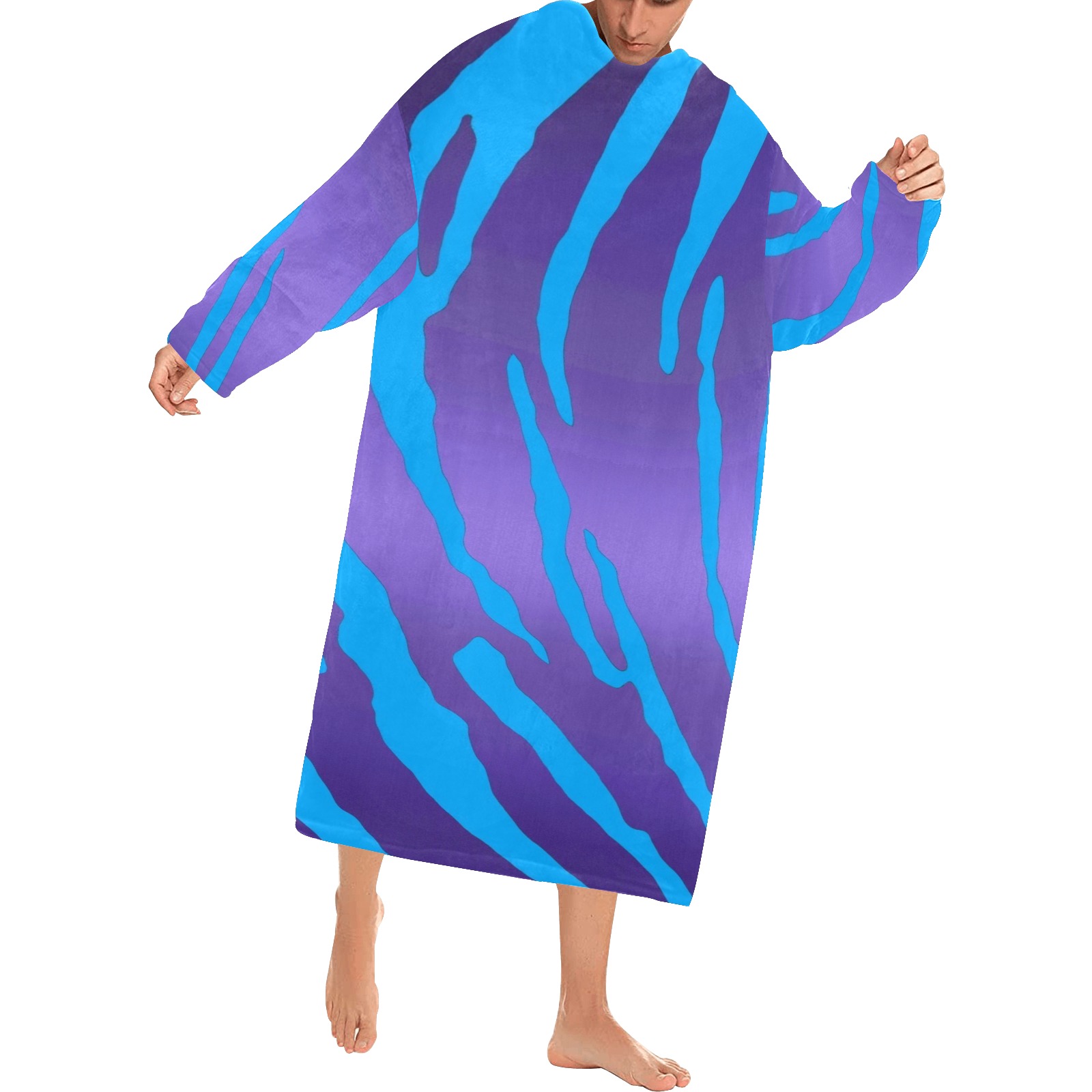 Metallic Tiger Stripes Purple Blue Blanket Robe with Sleeves for Adults