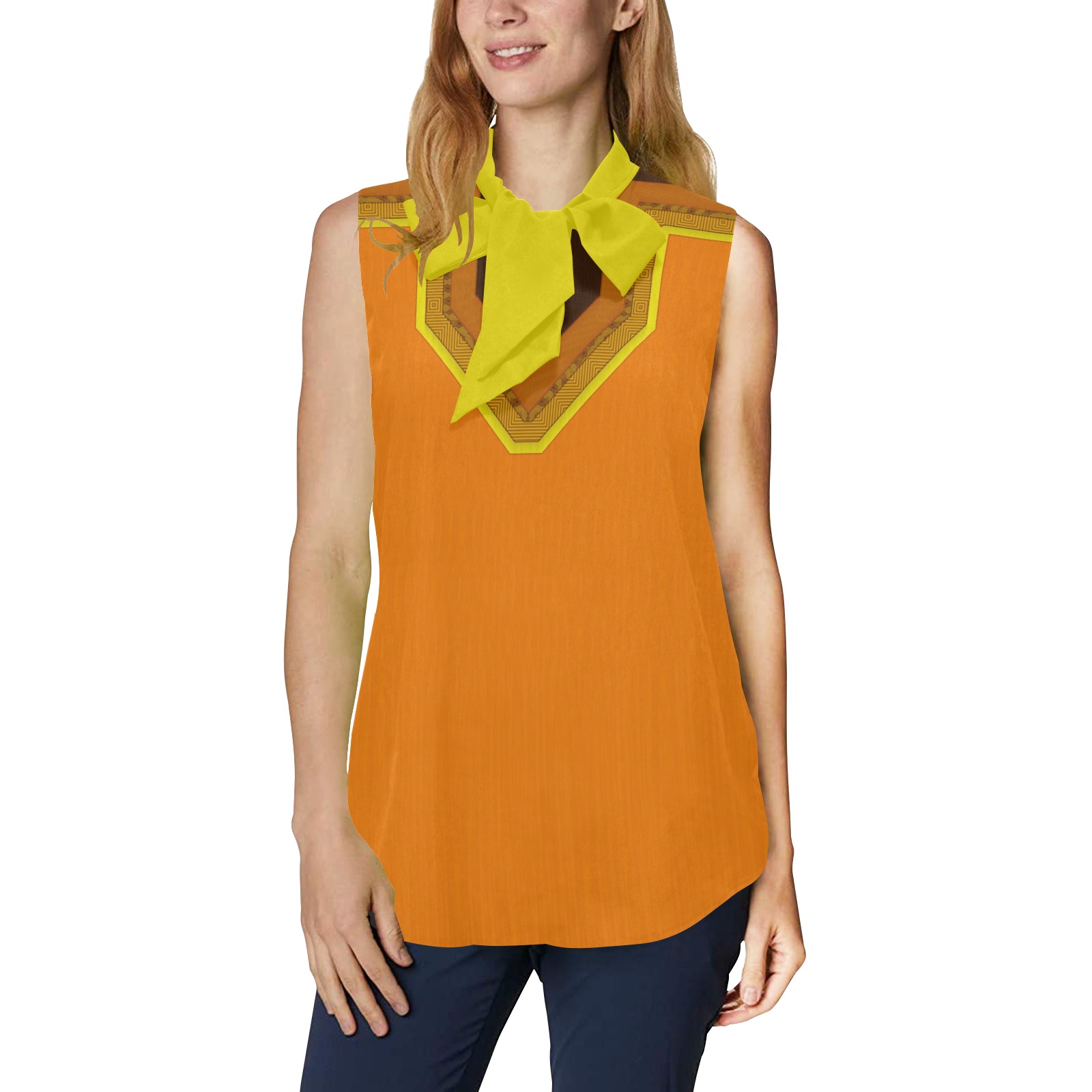 Ethnic Orange, Brown, Rust and Yellow Women's Bow Tie V-Neck Sleeveless Shirt (Model T69)
