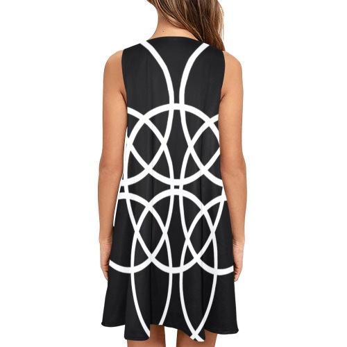 White Spiral Circles on Black Background Sleeveless A-Line Pocket Dress (Model D57)