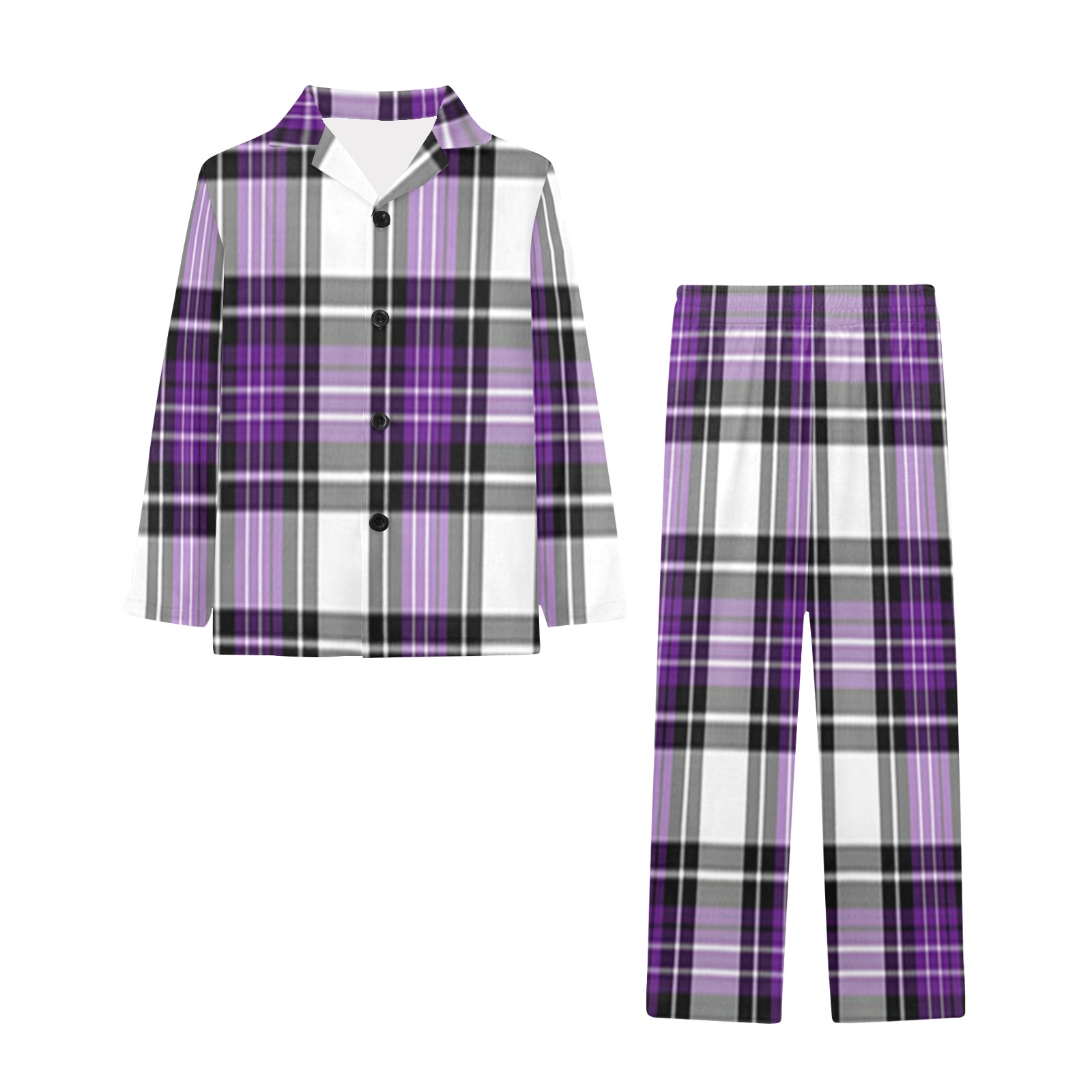 Purple Black Plaid Little Boys' V-Neck Long Pajama Set (Sets 02)