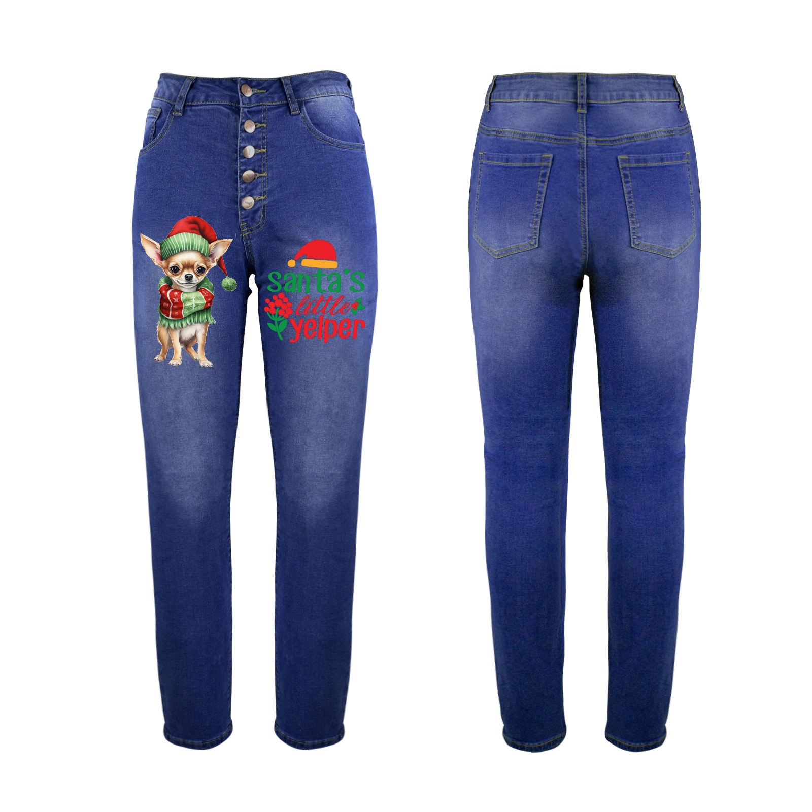 Santa's little Helper Chihuahua Women's Jeans (Front Printing)