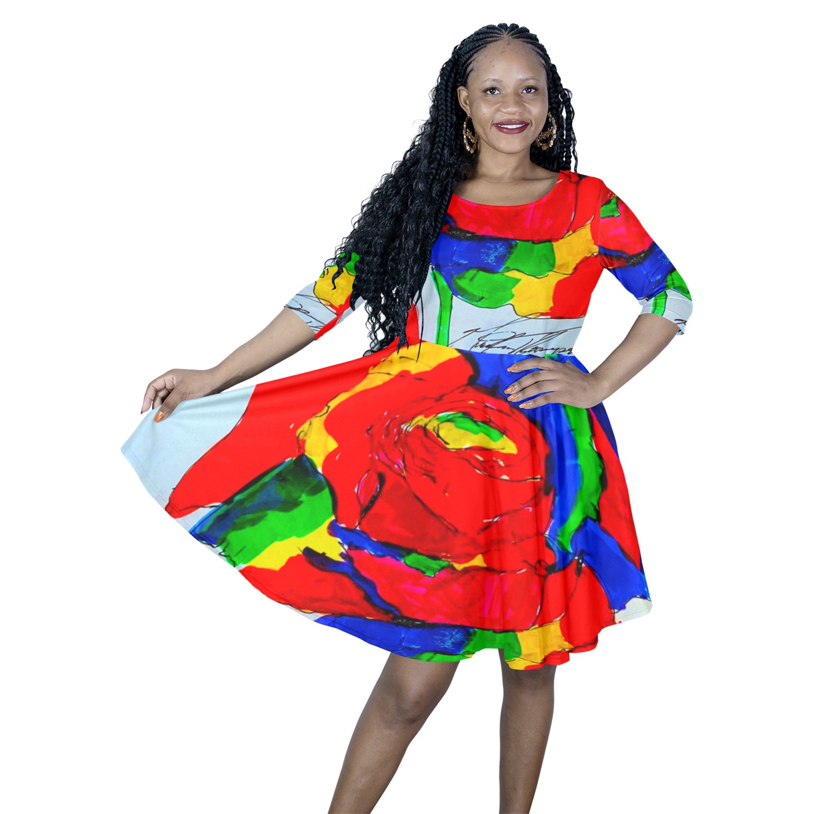 Rainbow rose Half Sleeve Skater Dress (Model D61)