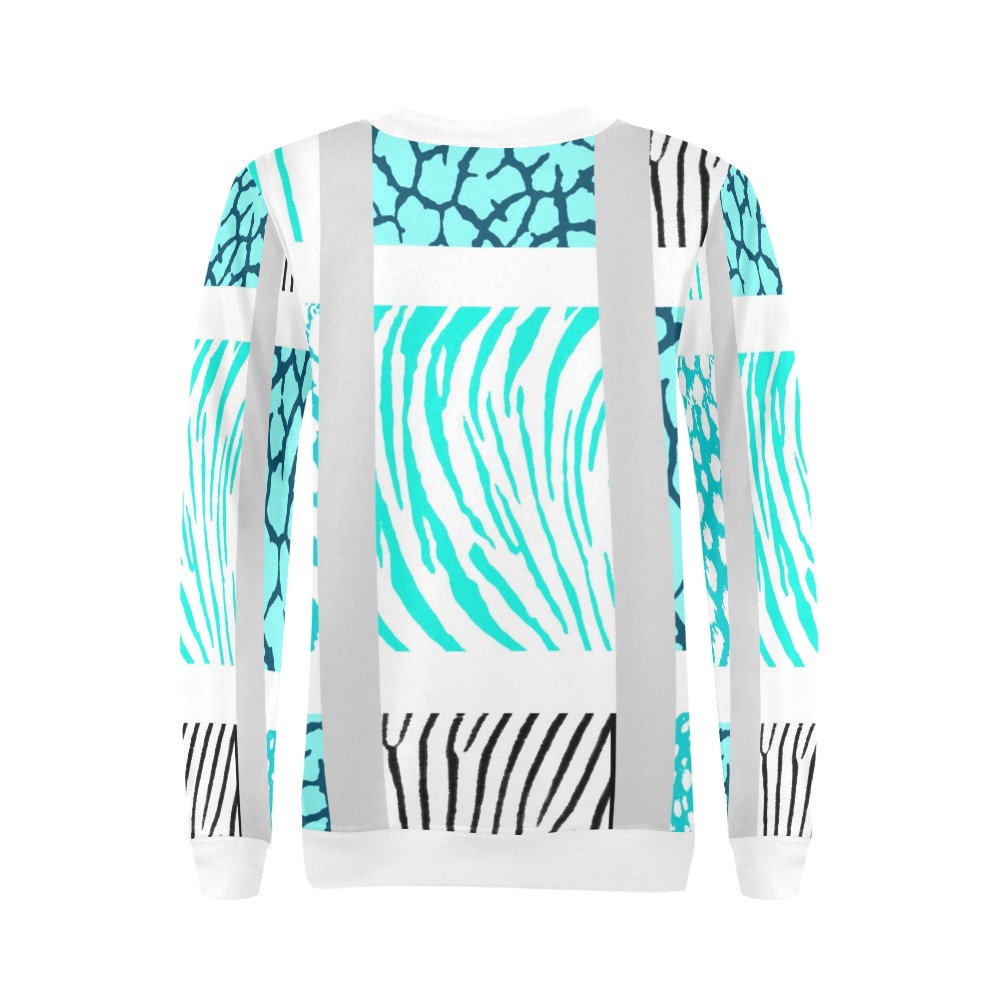 White and Teal Mixed Animal Print All Over Print Crewneck Sweatshirt for Women (Model H18)