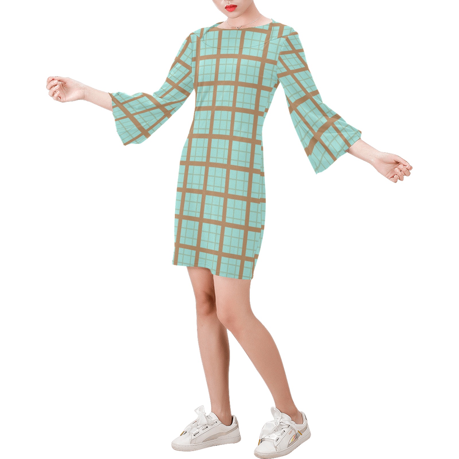 glacial and brown Bell Sleeve Dress (Model D52)