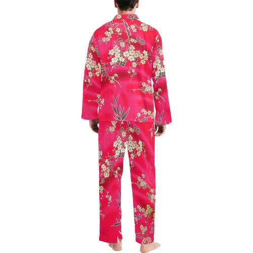 Red Silk Pajamas Men's V-Neck Long Pajama Set