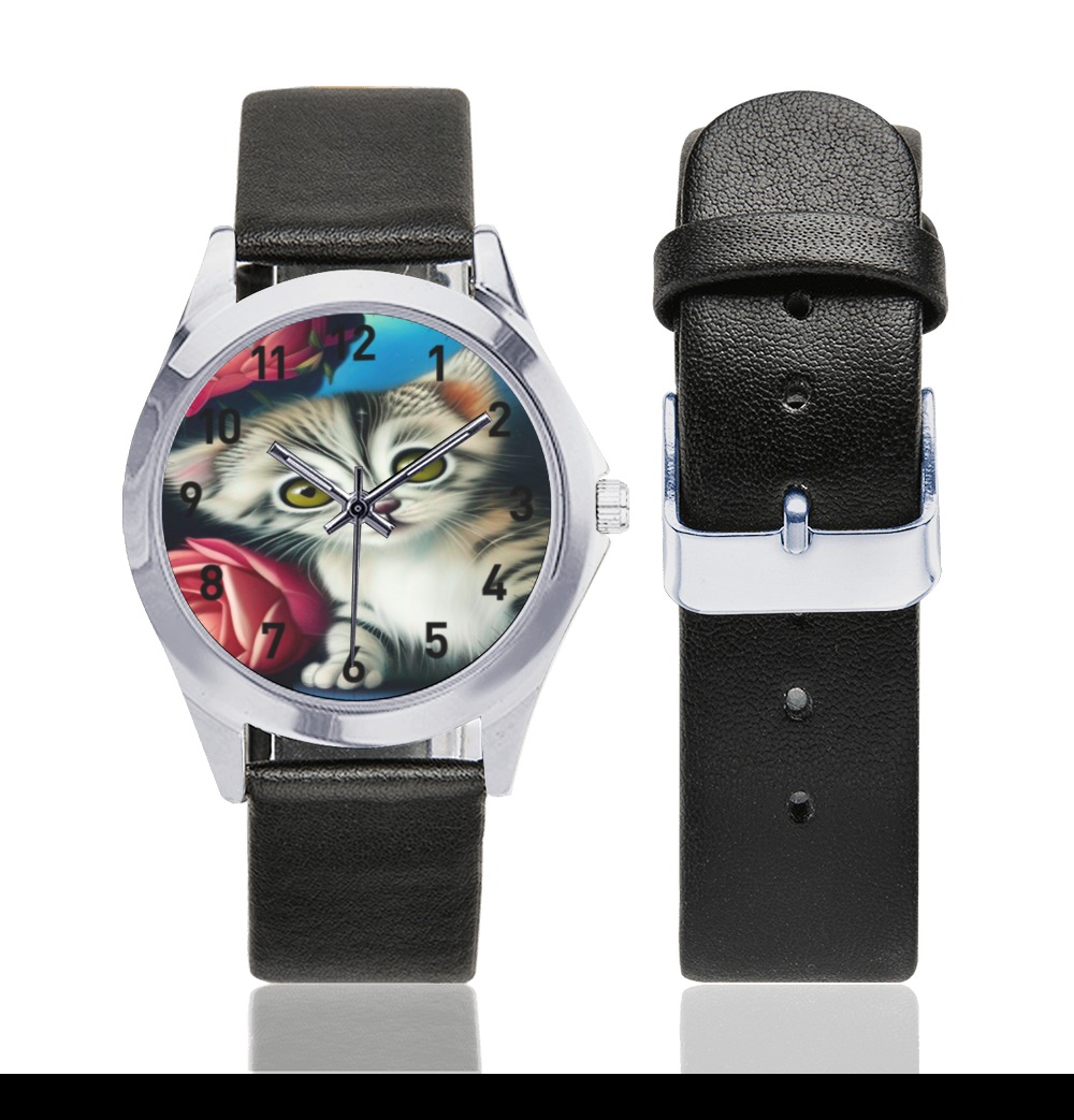 Cute Kittens 7 Unisex Silver-Tone Round Leather Watch (Model 216)