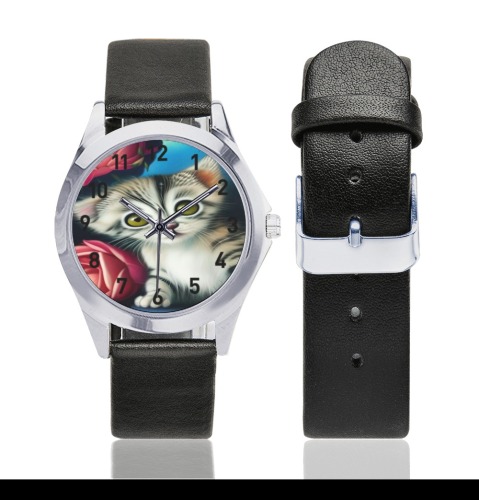 Cute Kittens 7 Unisex Silver-Tone Round Leather Watch (Model 216)