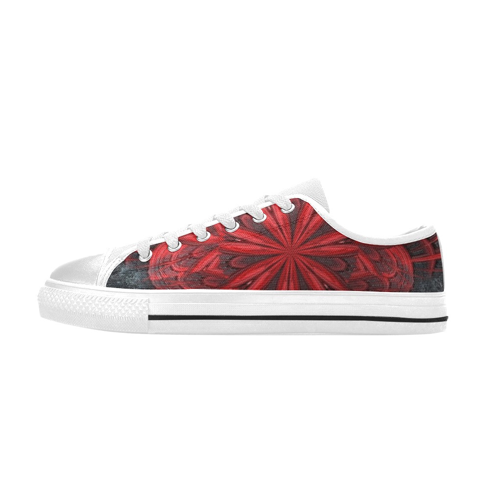 Red Flower on the Black Lava Fractal Kaleidoscope Mandala Abstract Low Top Canvas Shoes for Kid (Model 018)