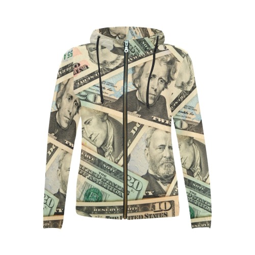 US PAPER CURRENCY All Over Print Full Zip Hoodie for Women (Model H14)