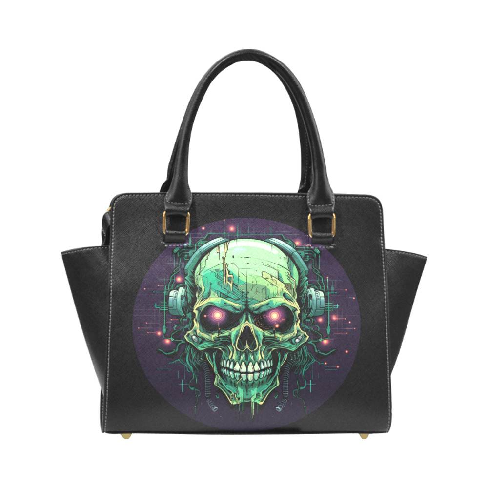 Zombie Skull with Headphones Black Rivet Shoulder Handbag (Model 1645)