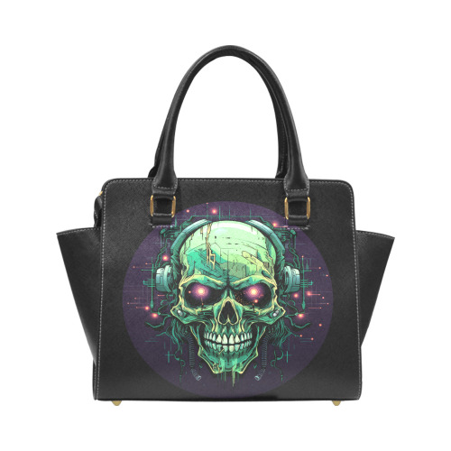 Zombie Skull with Headphones Black Rivet Shoulder Handbag (Model 1645)