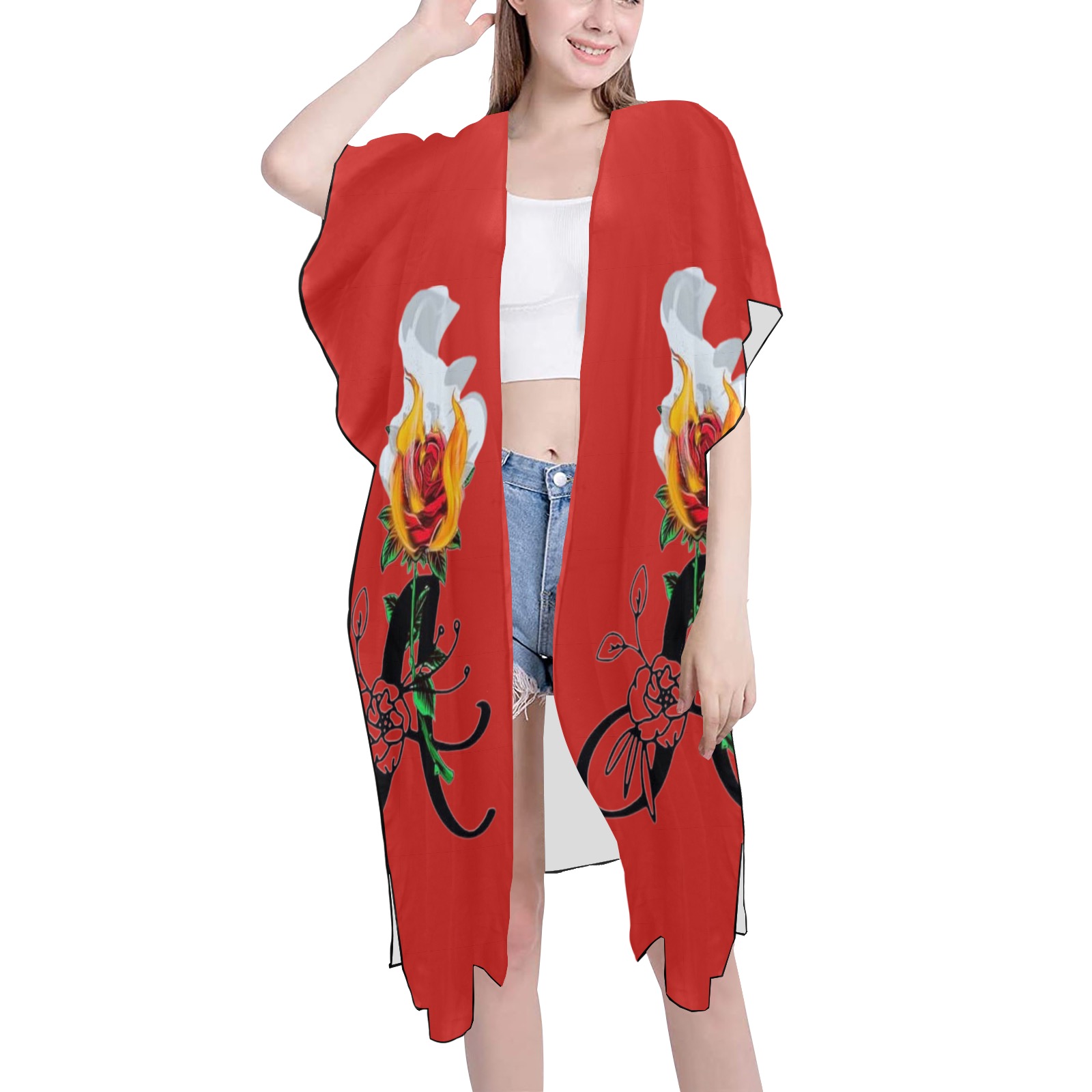Aromatherapy Apparel Chiffon Cover up Red Mid-Length Side Slits Chiffon Cover Ups (Model H50)