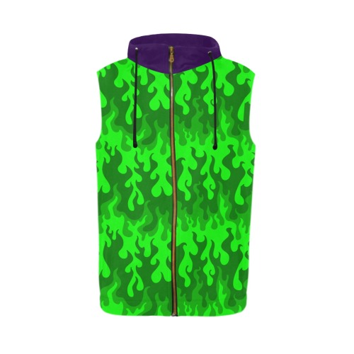 Green Fire All Over Print Sleeveless Zip Up Hoodie for Men (Model H16)