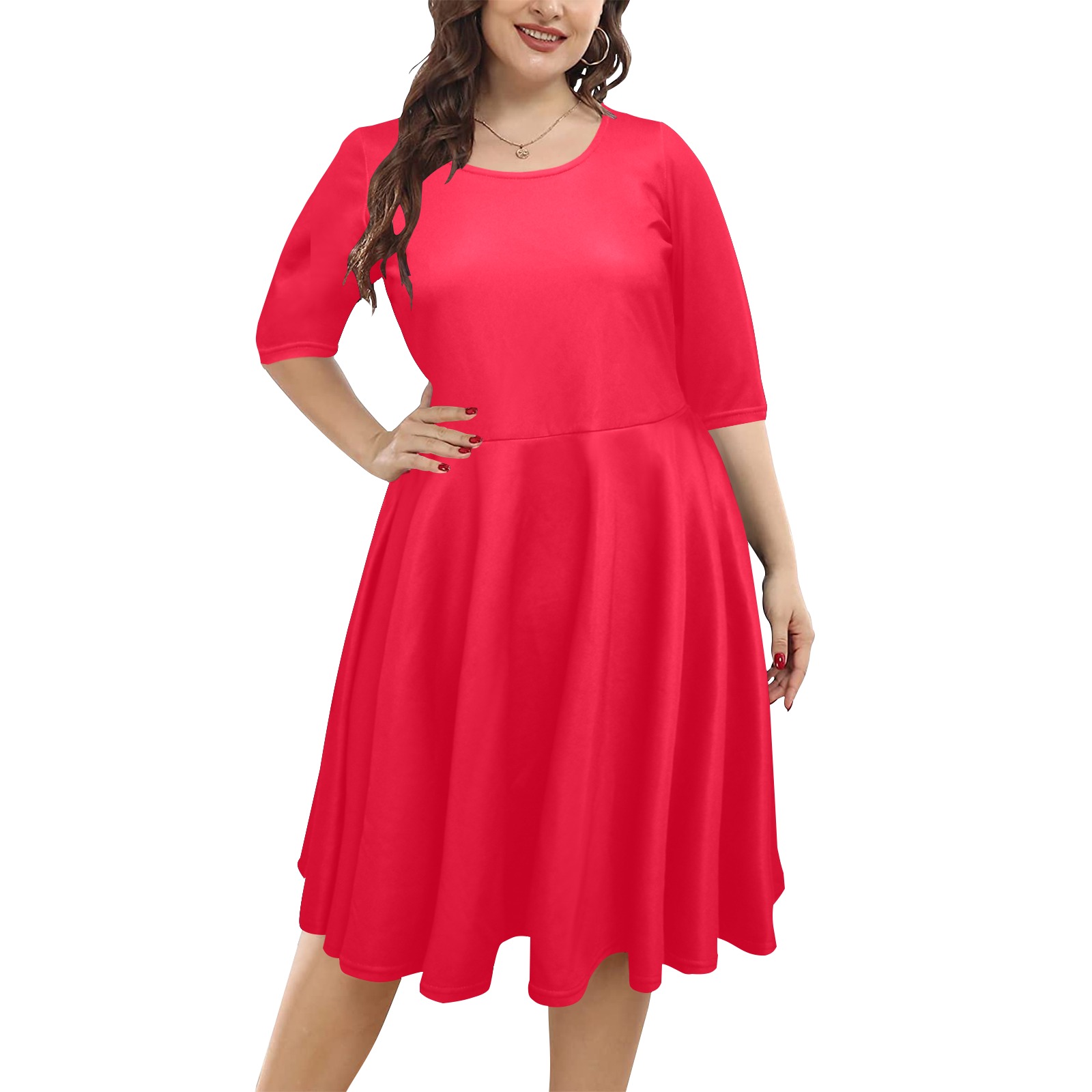 color Spanish red Half Sleeve Skater Dress (Model D61)
