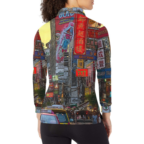 Chinatown in Bangkok Thailand - Altered Photo Women's Long Sleeve Polo Shirt (Model T73)