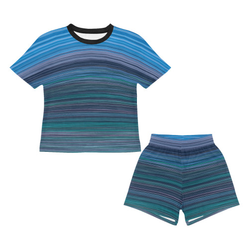 Abstract Blue Horizontal Stripes Little Girls' Short Pajama Set