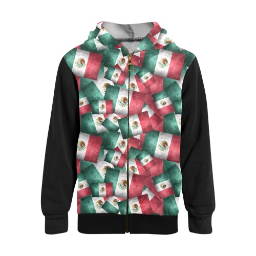 Mexican Pattern - Flags of Mexico / Black Kids' All Over Print Full Zip Hoodie (Model H39)