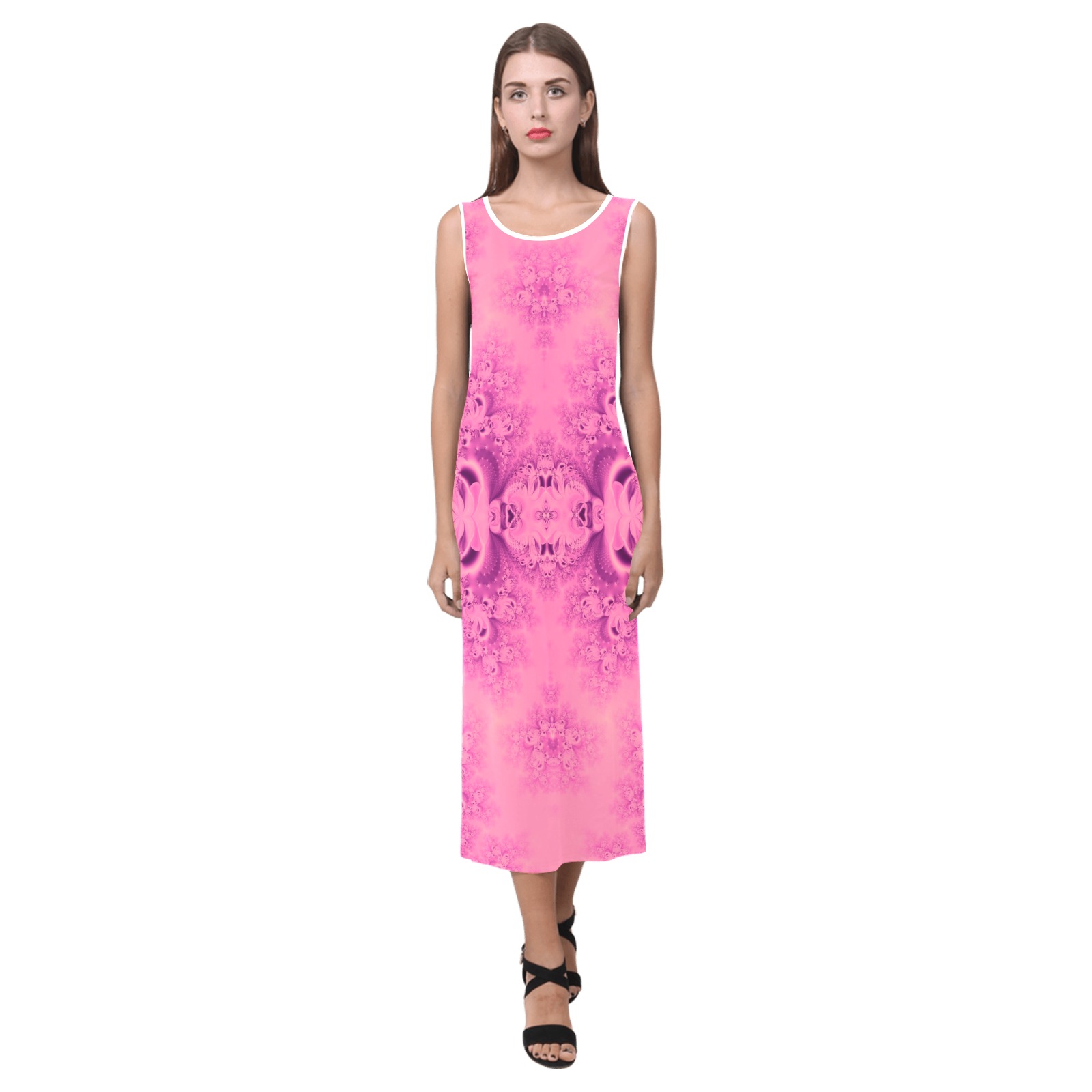 Pink Morning Frost Fractal Phaedra Sleeveless Open Fork Long Dress (Model D08)