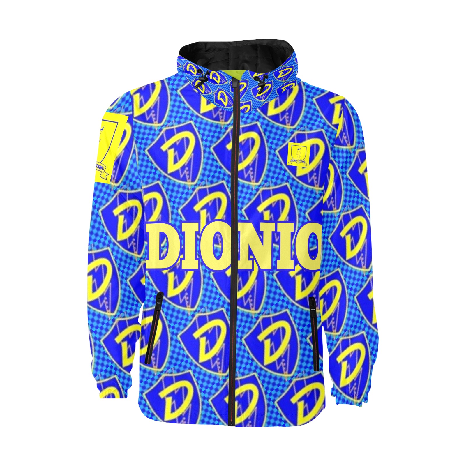 DIONIO Clothing - Repeat Yellow & Blue D Shield Jacket ( B All Over Print Quilted Windbreaker for Men (Model H35)