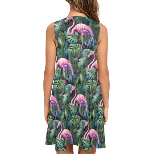 Flamingos Tropical Jungle Seamless Pattern Sleeveless A-Line Pocket Dress (Model D57)