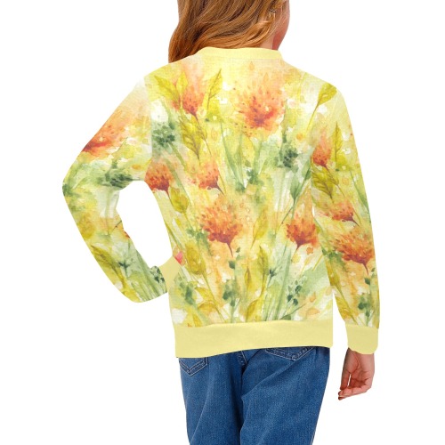 Wild Flowers Orange and Green Watercolor Iva West Girls' All Over Print Crew Neck Sweater (Model H49)