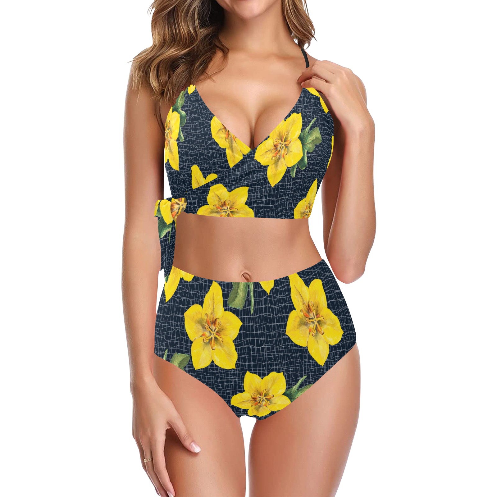 yellow flora print copy Knot Side Bikini Swimsuit (Model S37)