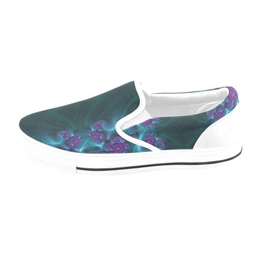 0-Turquoise and Purple Flowers and Seedheads Fractal Abstract Women's Slip-on Canvas Shoes (Model 019)