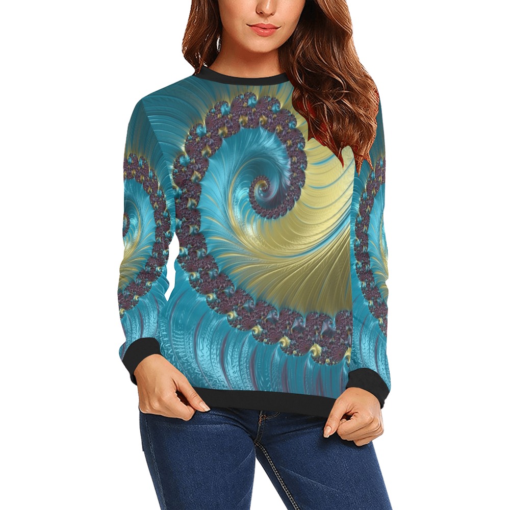 Turquoise and Gold Spiral Fractal Abstract All Over Print Crewneck Sweatshirt for Women (Model H18)