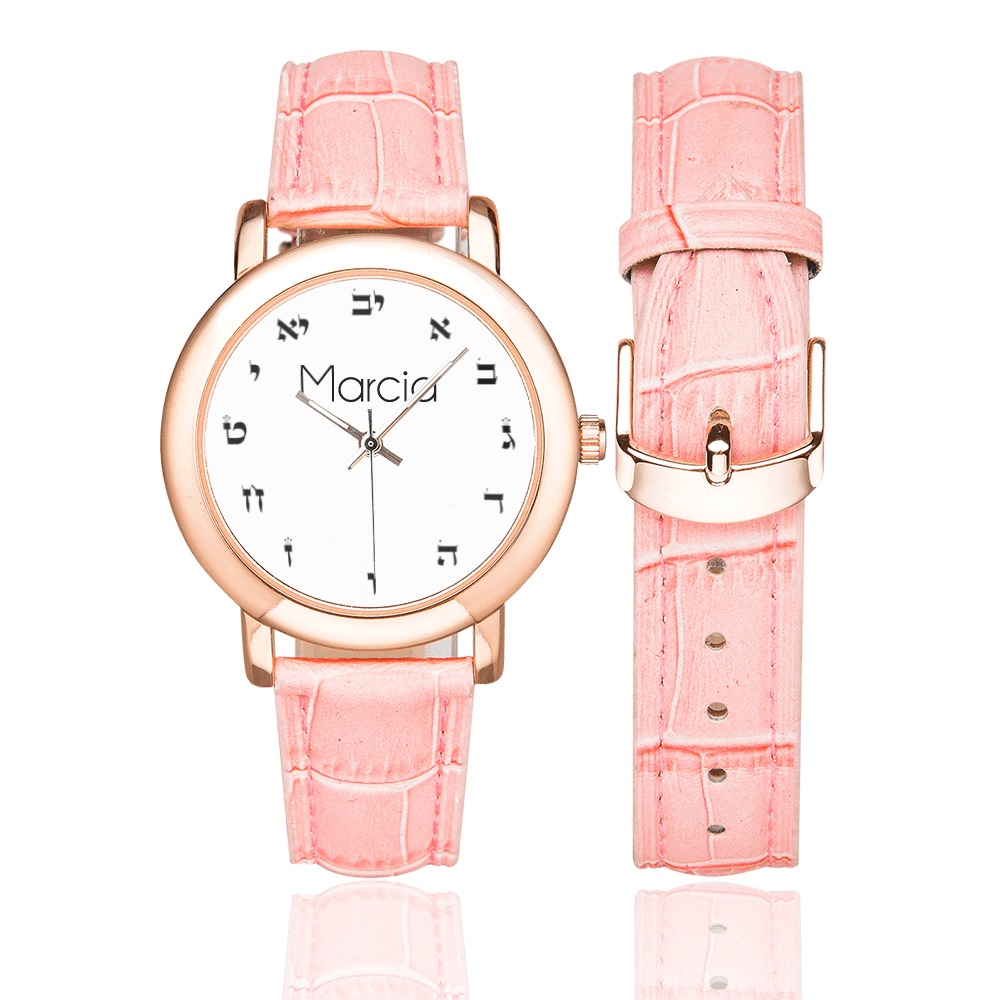 white hebrew letters for watches-Marcia Women's Rose Gold Leather Strap Watch(Model 201)
