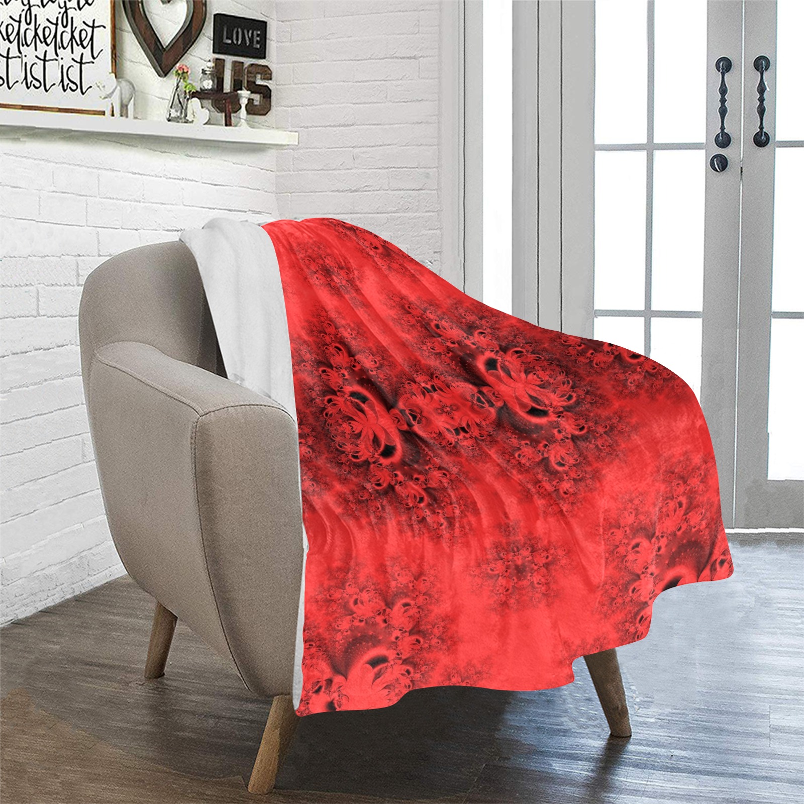 Autumn Reds in the Garden Frost Fractal Ultra-Soft Micro Fleece Blanket 32"x48"