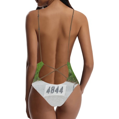 Street Number 4844 with brown straps Sexy Lacing Backless One-Piece Swimsuit (Model S10)