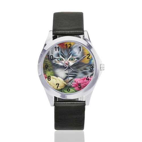Cute Kittens 5 Unisex Silver-Tone Round Leather Watch (Model 216)