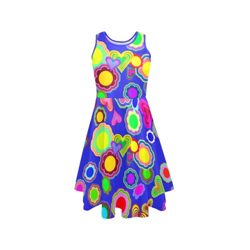 Groovy Hearts and Flowers Blue Sleeveless Expansion Dress (Model D60)