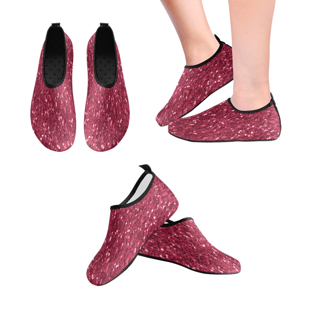 Magenta dark pink red faux sparkles glitter Kids' Slip-On Water Shoes (Model 056)