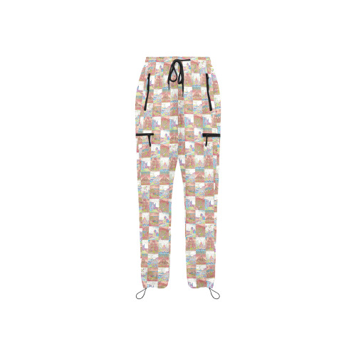 Big Pink and White World travel Collage Pattern Women's Quick Dry Cargo Sweatpants (Model L65)