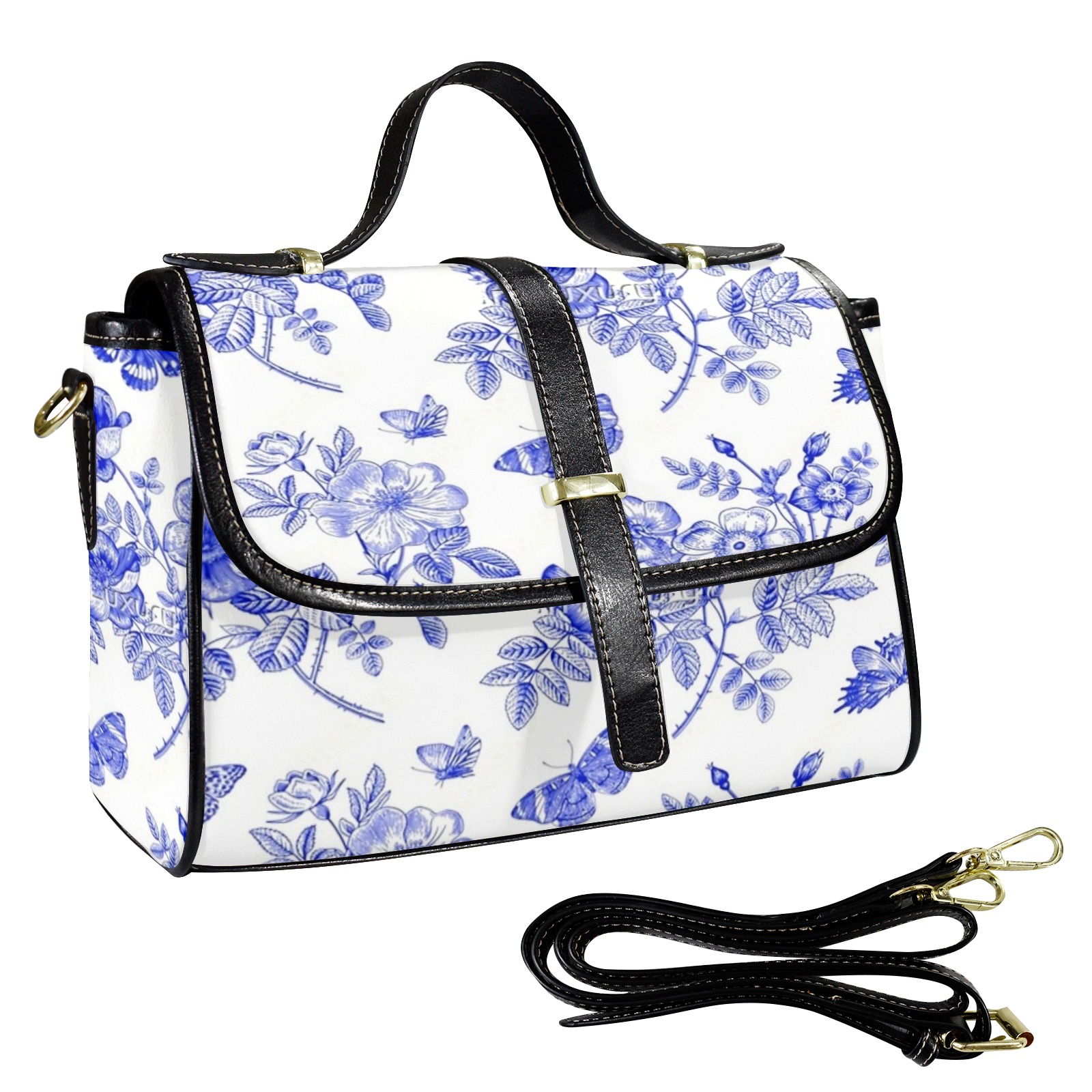 Toile de Jouy Blue 6 Multi-Function Leather Satchel-Black (Model 1739)