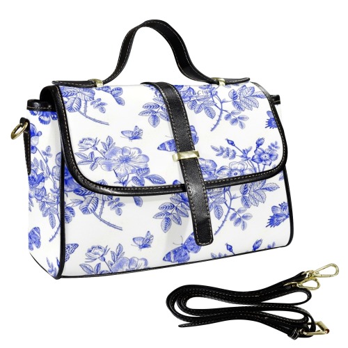 Toile de Jouy Blue 6 Multi-Function Leather Satchel-Black (Model 1739)