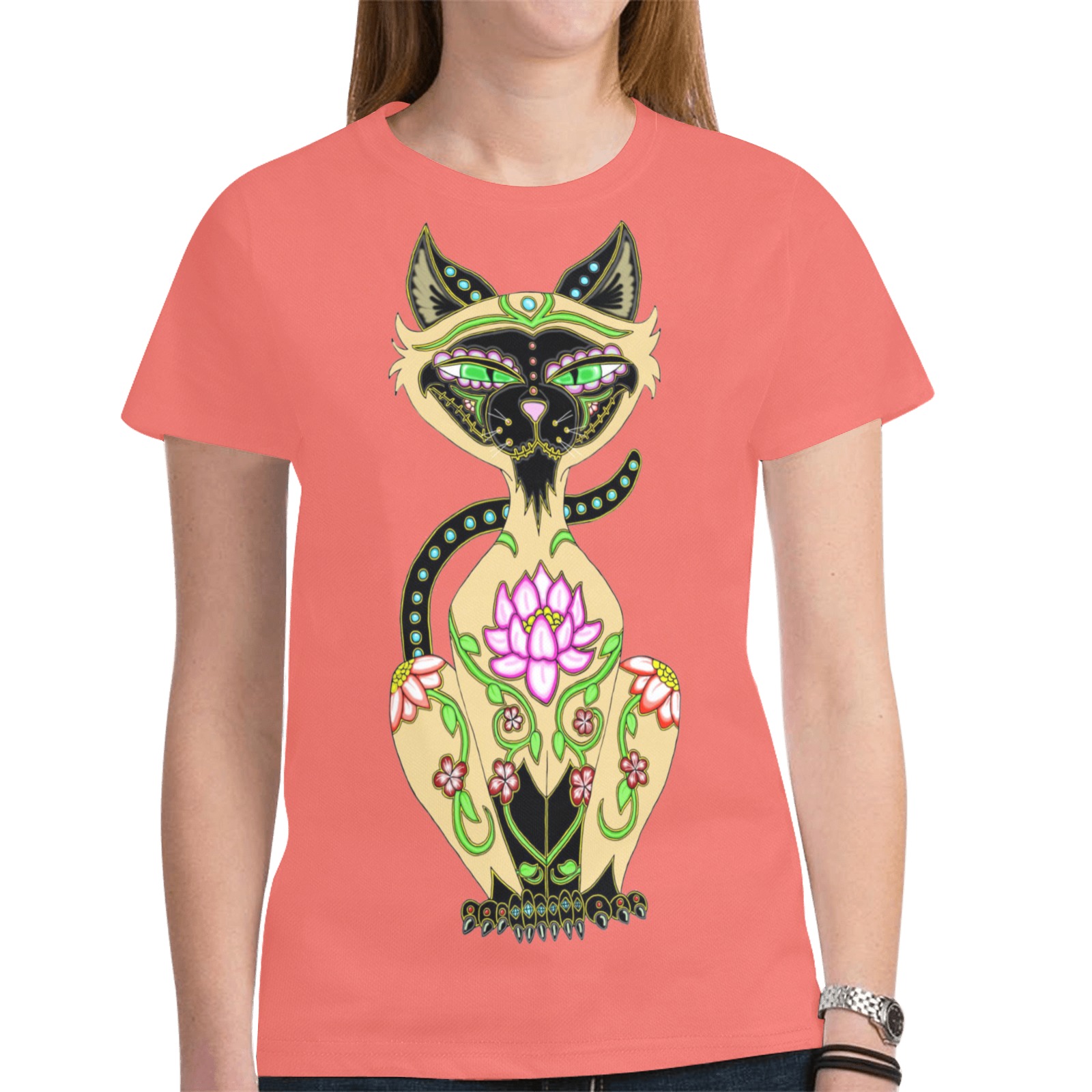 Siamese Cat Sugar Skull Coral New All Over Print T-shirt for Women (Model T45)