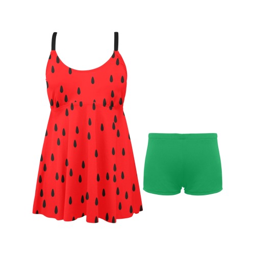 Watermelon - Green Shorts Chest Pleat Swim Dress (Model S31)