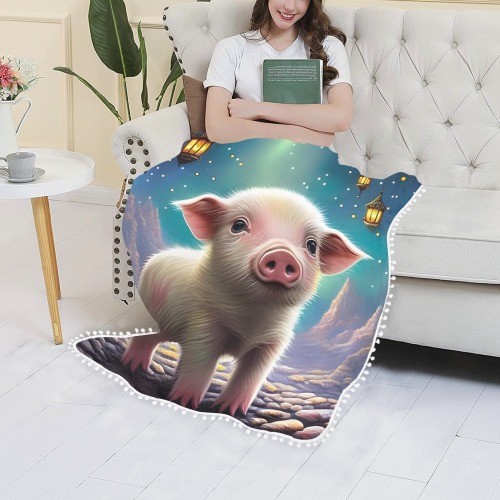 Baby Pig Pom Pom Fringe Blanket 40"x50"