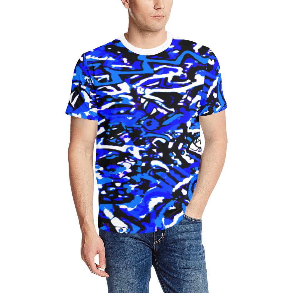 Abstract Blue and white pattern Men's All Over Print T-Shirt (Solid Color Neck) (Model T63)