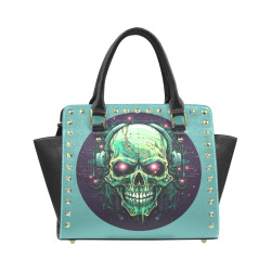 Zombie Skull with Headphones Turquoise Rivet Shoulder Handbag (Model 1645)