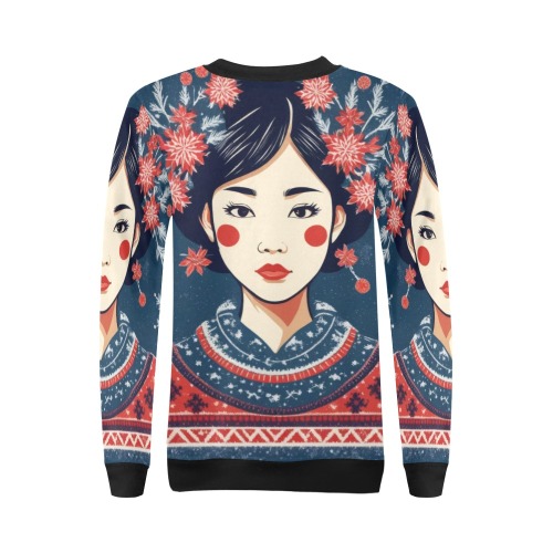 Pretty Japanese lady in swetere, winter snowflakes All Over Print Crewneck Sweatshirt for Women (Model H18)