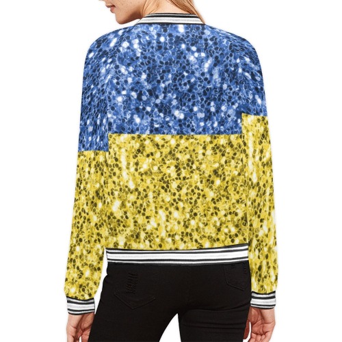 Blue yellow Ukraine flag glitter faux sparkles All Over Print Bomber Jacket for Women (Model H21)