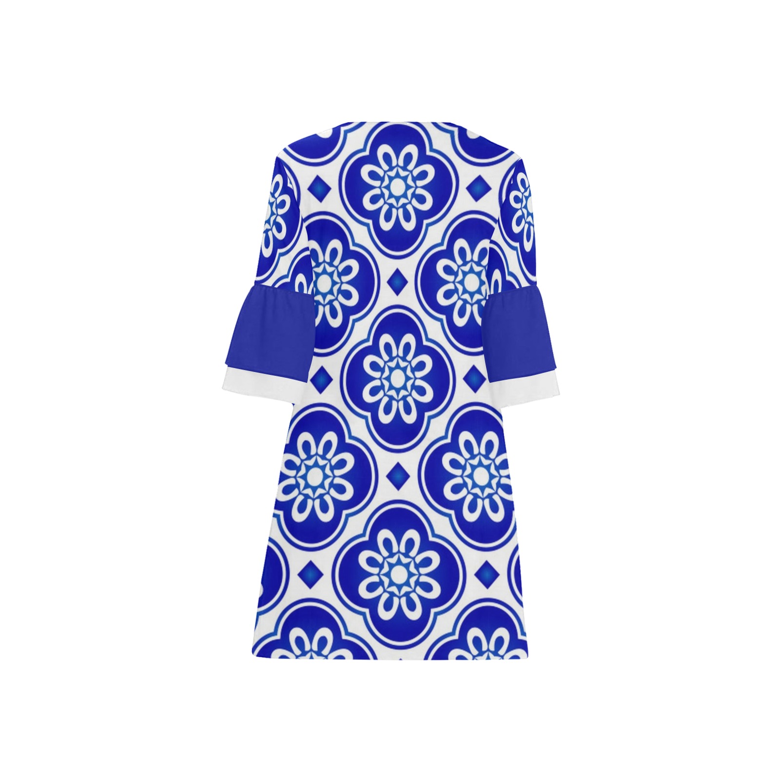Bold Dark Blue and White Floral Motif Half Sleeves V-Neck Mini Dress (Model D63)