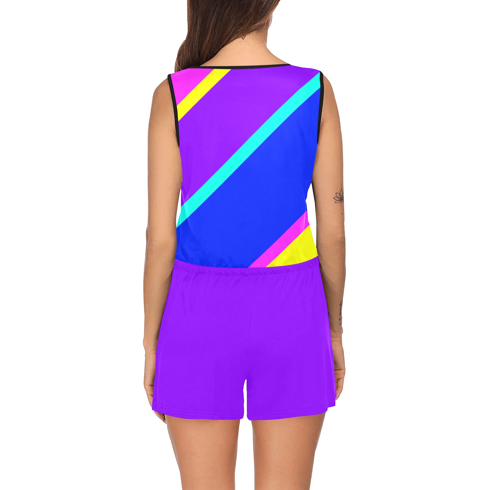 Bright Neon Colors Diagonal Purple All Over Print Short Jumpsuit